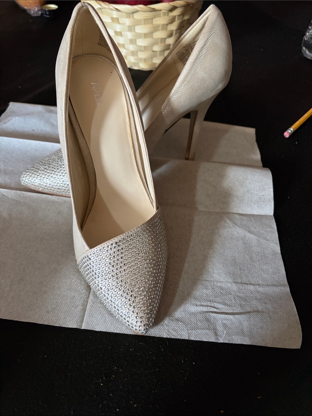 Elegant Crystal Pointed-Toe High Heels in Light Beige Apt 9